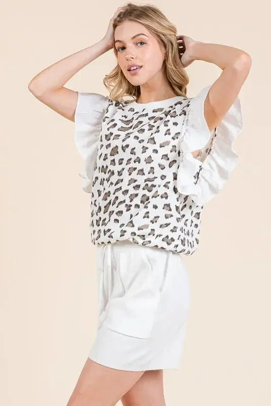 Lime 'N' Chili Ribbed Leopard Print Ruffle Detail Sleeveless Top - Love Salve